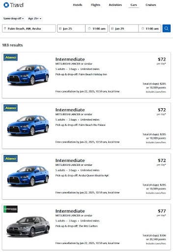 Chase website screenshot featuring a selection of car rentals