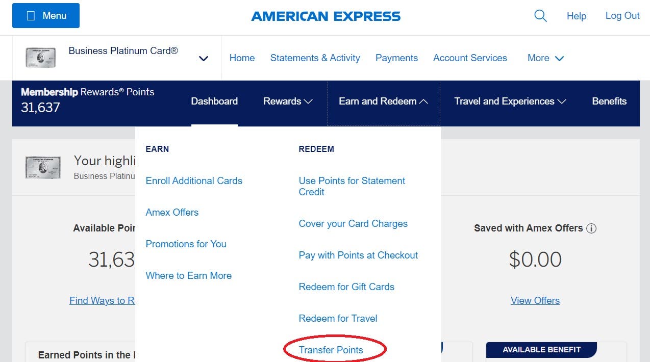 Screenshot of American Express account management page